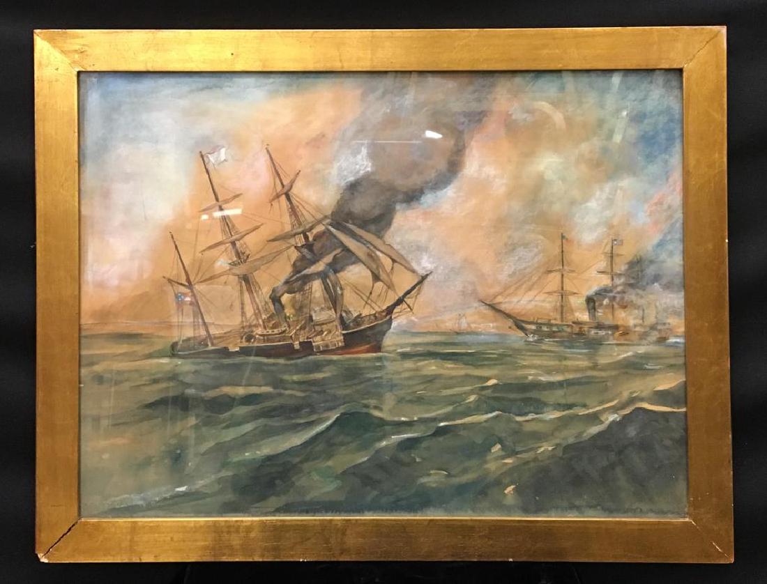 (19th c) AMERICAN SCHOOL: "Steam and Sail era Harbor" watercolor and pastel, 14 1/2 x 19 1/2 inches. signed Capolini. framed. 17 x 22 inches.
