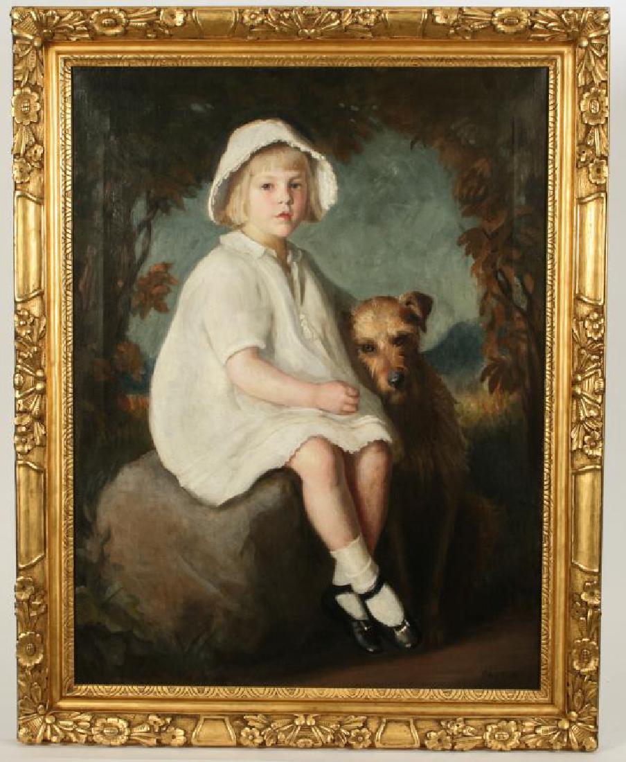 WILLIAM MCGREGOR PAXTON (1869-1941): "Portrait of Anne Beekman Ayer and Her Dog" oil on canvas 42 x 32 inches. signed and dated 1913. presented in its original carved and gilt Foster Brother's frame. Provenance: Direct descent of the fam