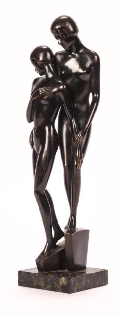 AMERICAN SCHOOL ART DECO BRONZE: "Two Nude Figures" bronze 17 inches including marble base. signed in cipher M.S. 1927. Possibly Marion Sanford. New York (1904-1988) who work with Robert Laurent.