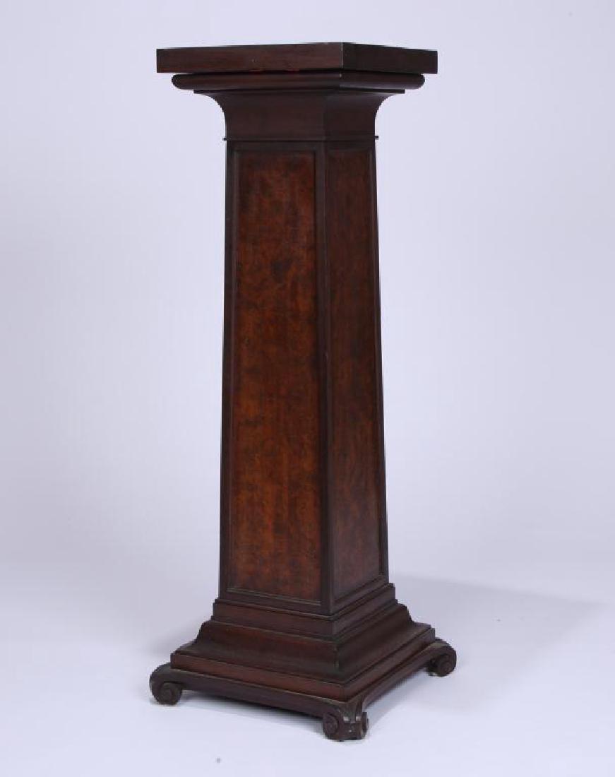 MAHOGANY AND BURL PEDESTAL attr. IRVING & CASSON: Rotating top. unsigned. 45 x 17 x 17 inches (at base)