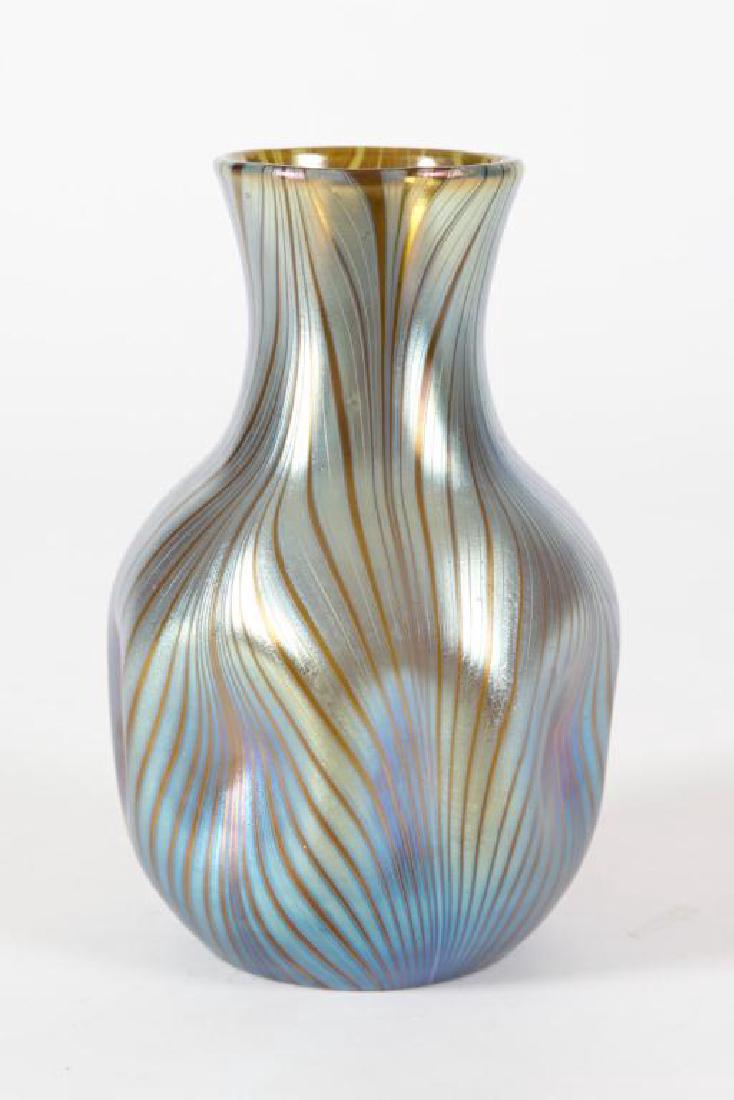 ATTR. LOETZ ART GLASS VASE WITH FEATHERED DESIGN: Unsigned. Height 8 inches.