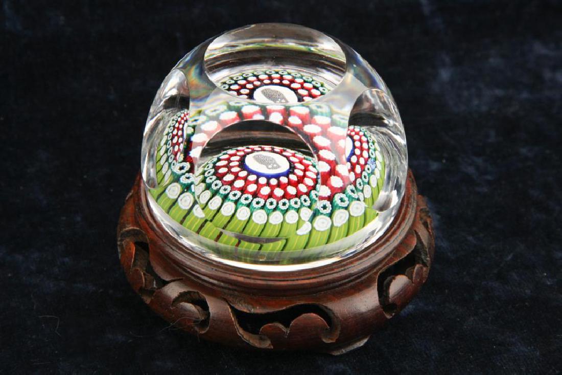 WHITEFRIARS MILLEFIORE OWL PAPERWEIGHT 1976: Faceted weight with micro cane owl, dated 1776 in cane. 3 inches (diameter). Together with stand.