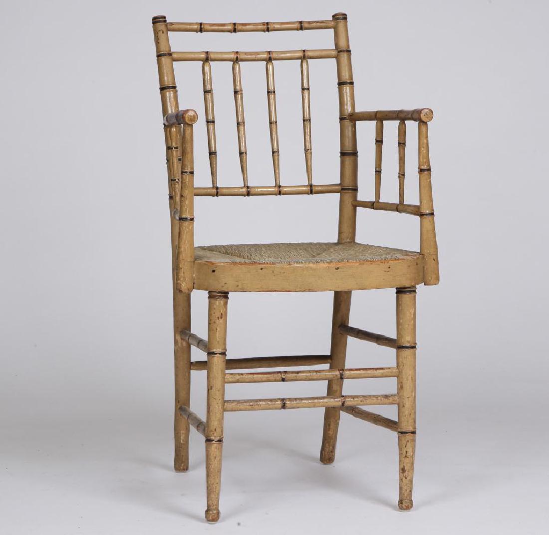 FAUX BAMBOO TURNED SHERATON PARLOR CHAIR c.1820: Painted armchair with balloon-form rush seat. Height 34 inches.