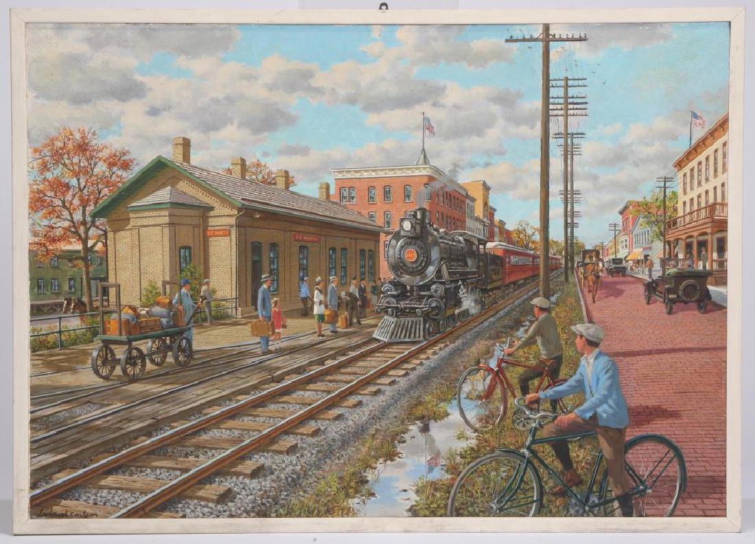 SVEN CARLSON (1911-2006): "St. Mary's Train Stop" oil on canvas 34 x 48 inches. signed. framed 36 x 50 inches (overall)
