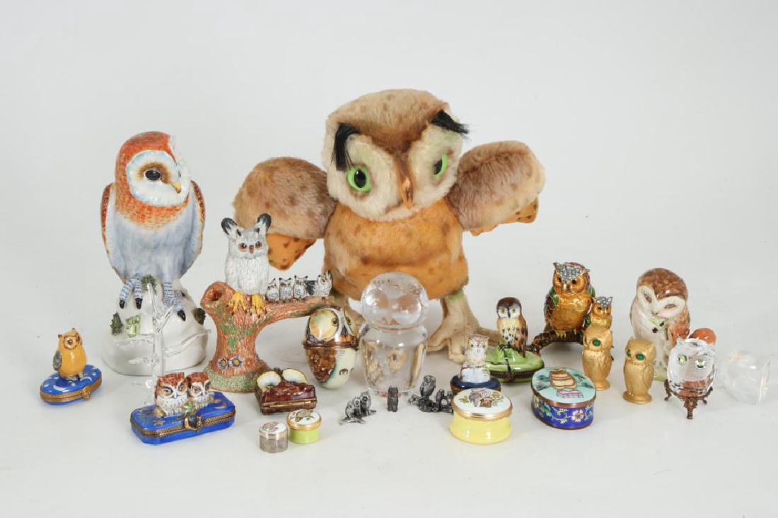 COLLECTION OF (23) OWLS: Including: Costa glass paperwiegh, Steiff, Halcyon Days enamels, Mottahedeh Italy, Basil Matthews, Bertrix Potter's Beswick, Limoges, jeweled enamaled (unsigned), Swarovski, Russ Berrie, pair of minia