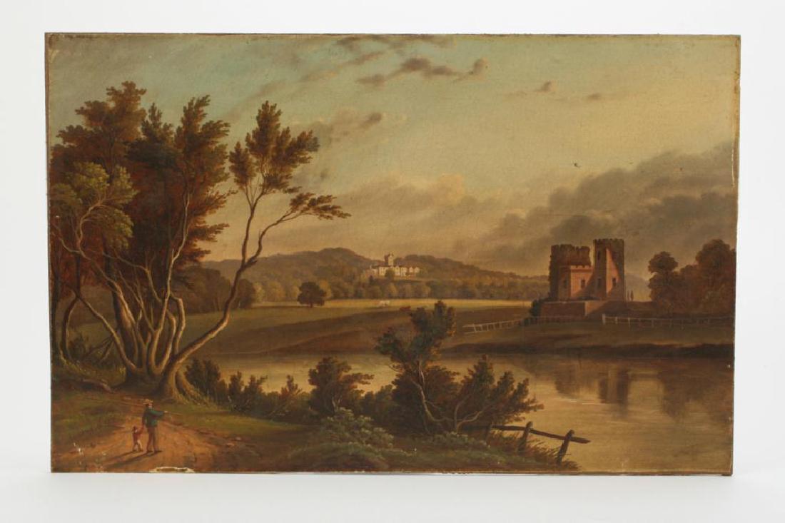 EDWARD LEAR (1812-1888): "A Walk Past Ruins to a Castle" oil on canvas laid to masonite. 14 x 22 inches. signed. unframed.