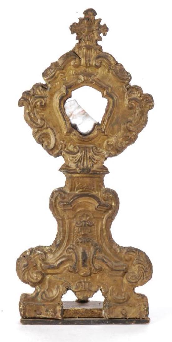 (18th c) FLEMISH RELIQUARY: Pressed brass over wood frame. Height 17 1/2 inches.