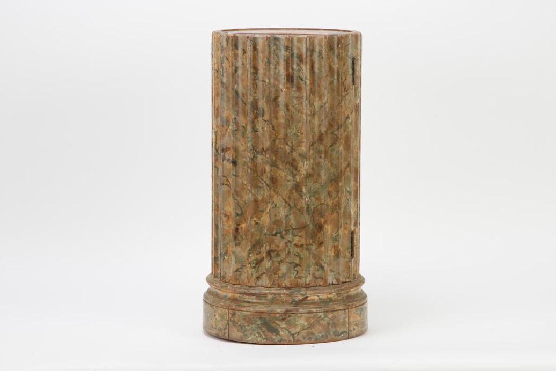 FAUX MARBLE COLUMN W/ DOOR THAT OPENS TO CABINET: Faux marble painted wood and brass pull. 24 x 13 1/4 inches.