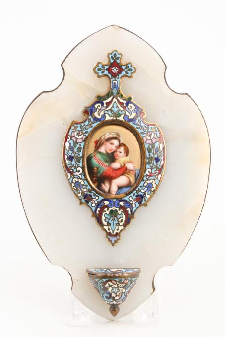 ANTIQUE HOLY WATER FONT: Champleve framed hand painted Madonna of the Chair is mounted to onyx plaque above coordinating font. 9 1/2 x 6 1/4 inches.