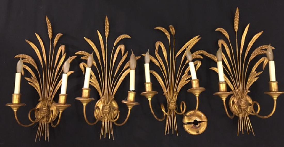 (4) GILT SHEAF OF WHEAT TWO-LIGHT SCONCES: Carved and gilt wood, steel stems and gesso. Height 23 inches.
