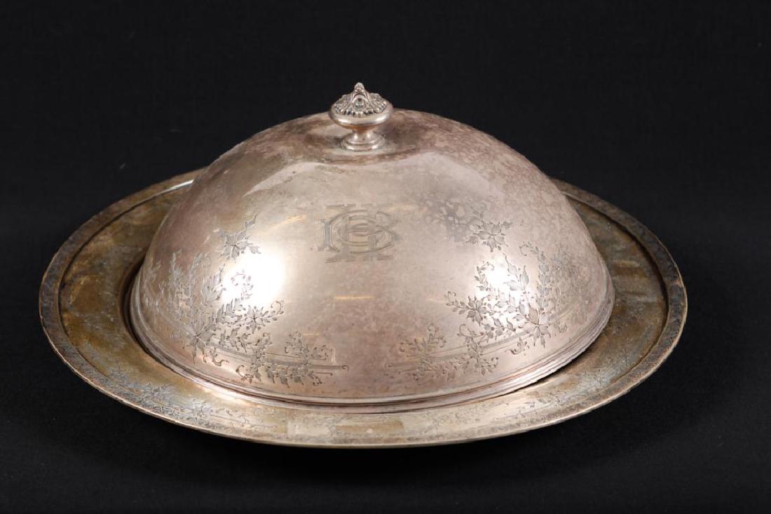 BLACK STARR & FROST STERLING SILVER FOOD DOME: Bright cut with (4) cartouches of flowers on dome and coordinating rim of under plate. 14 1/2 inches (diameter of under plate). Approximately 55 ounces.