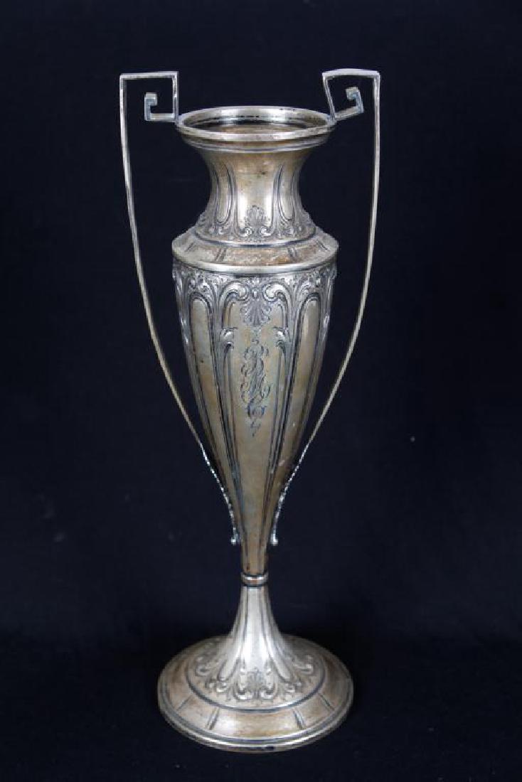 15 INCH STERLING SILVER HIGH HANDLED VASE: Black Starr and Frost , New York. Embossed with shells and scrolls.