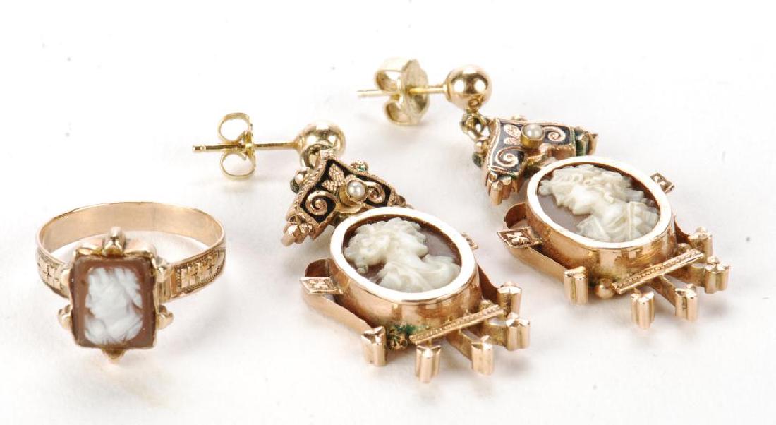 VICTORIAN CARVED SHELL CAMEO SET EARRINGS & RING (1 of 8)
