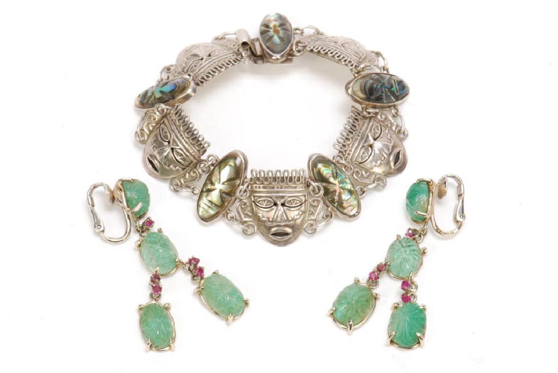 MEXICAN SILVER & ABALONE BRACELET & JADE EARRINGS (1 of 7)