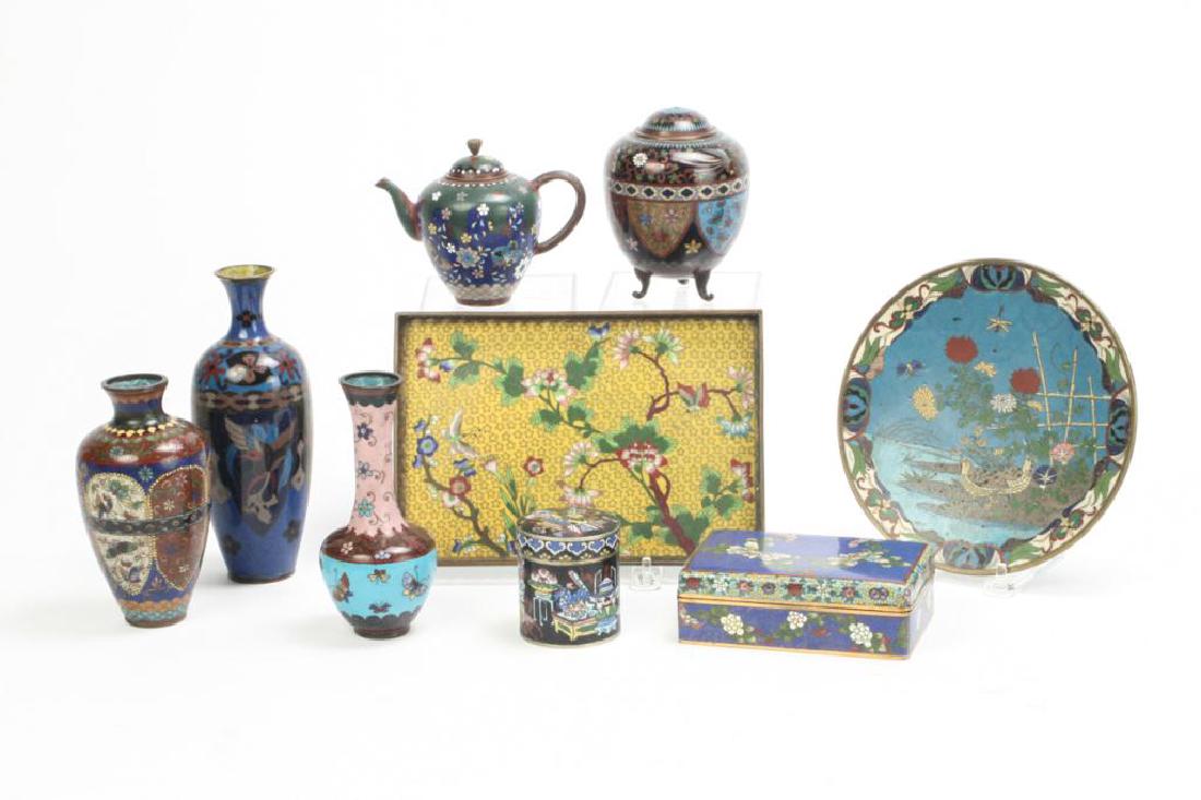 (9) CLOISONNE VASES, BOXES, TRAY AND PLATE (1 of 6)