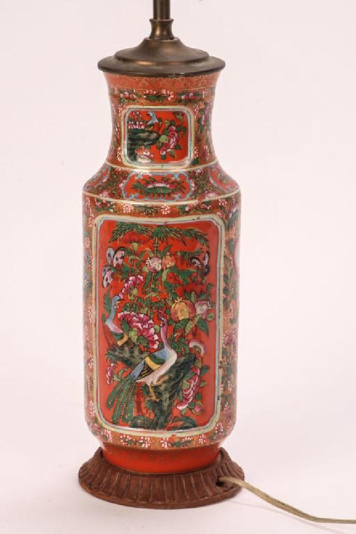 ROSE MEDALLION VASE ADAPTED INTO A LAMP: Interesting red field. Vase measures 11 3/4 inches.