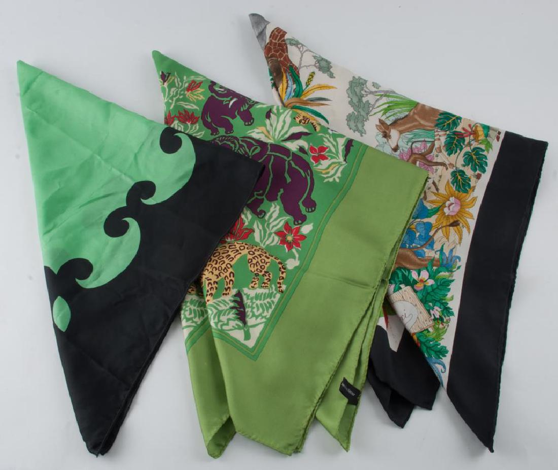 GUCCI, THE MAGIC HANDS AND FERIER SILK SCARFS: Approx 35 x 34 inches (each and slightly smaller)