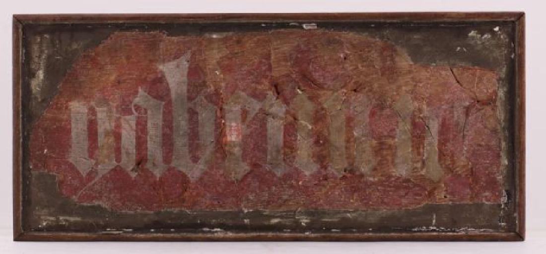 FRAGMENT OF AN ANCIENT GERMAN FRESCO: "Unbeien"? Mounted red and white fragment. 8 1/2 x 19 1/2 inches. framed (overall)