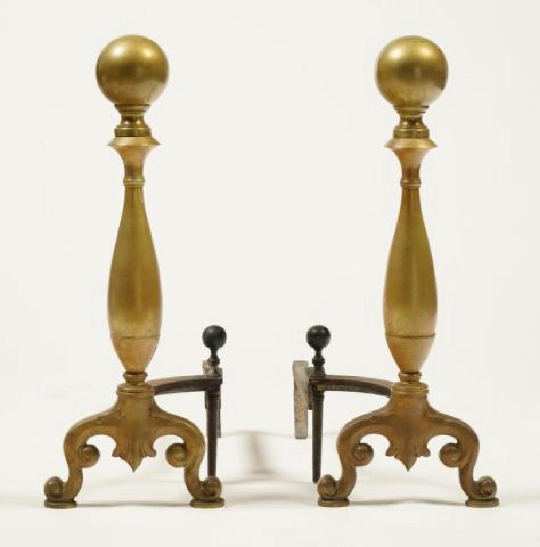 PAIR OF (Early 20th c) CAST BRASS ANDIRONS: Ball top andirons with ball log stops and scrolled legs. unmarked. 24 1/2 inches (height)