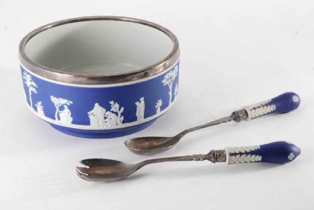WEDGWOOD JASPERWARE SALAD SET: Including: 9 inch bowl, fork and spoon (hallmarked) 11 inches. Silver rim and collars