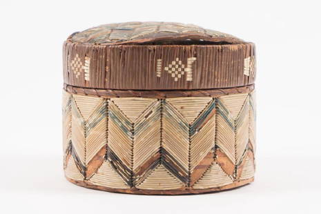 ANTIQUE NATIVE AMERICAN QUILL BOX: Birch decorated with quills. 3 1/2 x 4 1/2 inches. It is well documented that Andy showered Jon Gould with gifts during their entire relationship. This sale includes a great quantity of these items wh