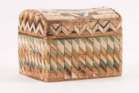 ANTIQUE NATIVE AMERICAN QUILL BOX: Domed top birch and pine box decorated with quills. 6 1/2 x 8 1/2 x 7 inches. It is well documented that Andy showered Jon Gould with gifts during their entire relationship. This sale includes a