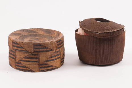 (2) FINELY WOVEN NATIVE AMERICAN COVERED BASKETS: Geometric pattern incorporating different colored twine. 3 1/2 x 6 inches (and smaller) It is well documented that Andy showered Jon Gould with gifts during their entire relationship. This sale