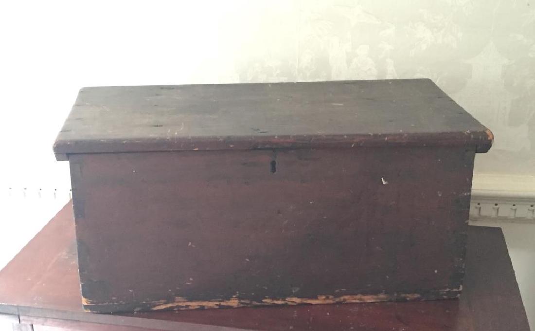SIX BOARD SHIPS CHEST: Old red paint, wrought iron hinges, rope handles measures 26 by 13 by 11 1/2 inches It is well documented that Andy showered Jon Gould with gifts during their entire relationship. This sale includes a