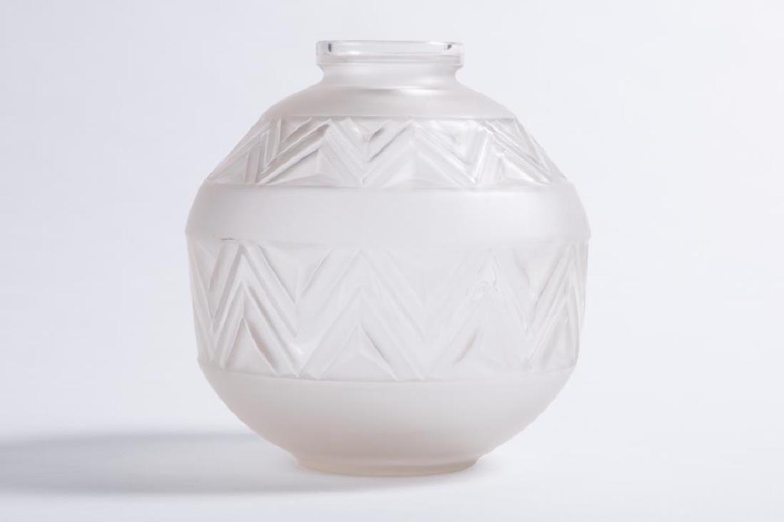 EDMOND ETLING TATEOS FRENCH ART GLASS VASE: Bands of triangles and zigzag patterns with rings of acid etched clear glass. signed on base. Height 9 inches. It is well documented that Andy showered Jon Gould with gifts during their entire relatio
