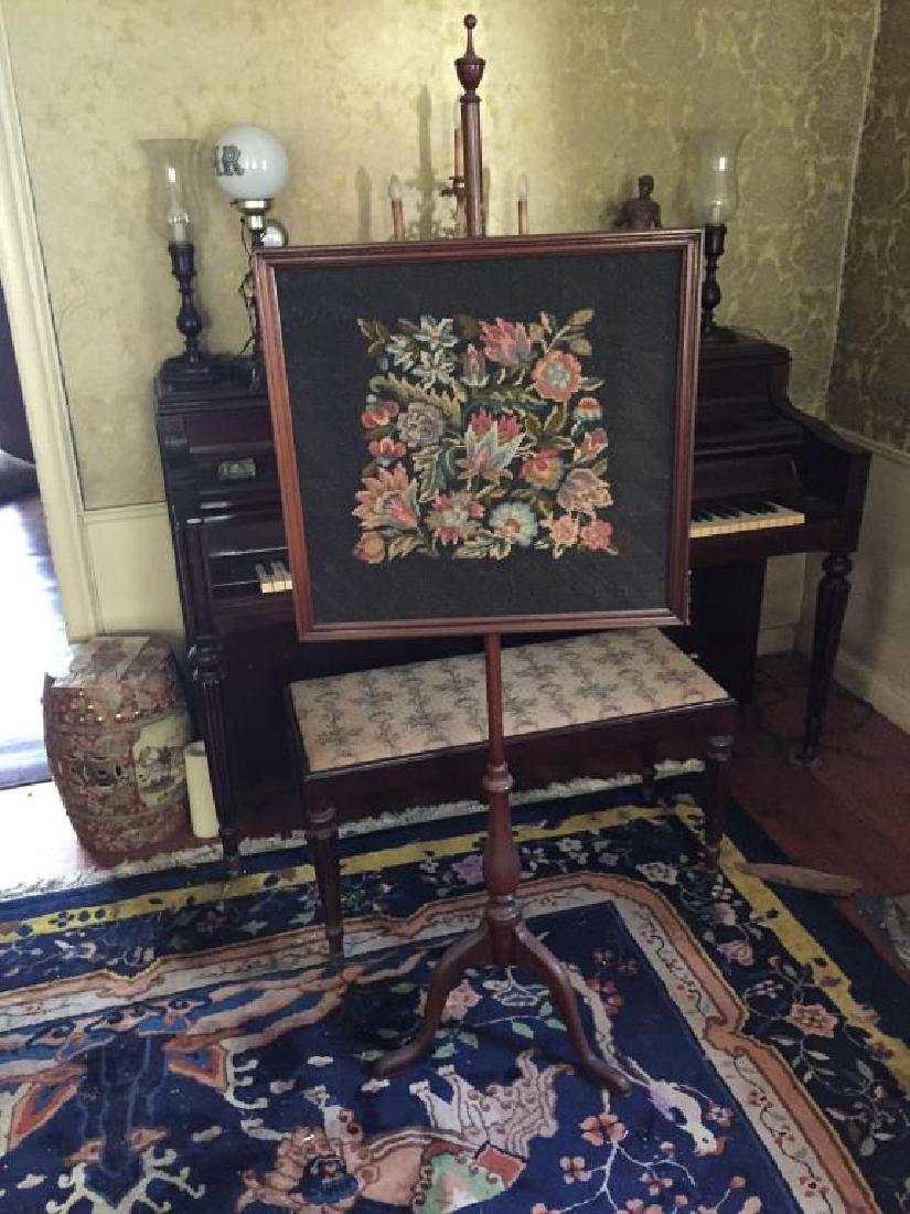 NEEDLEPOINT FIRE SCREEN: Measures 63 3/4 inches tall