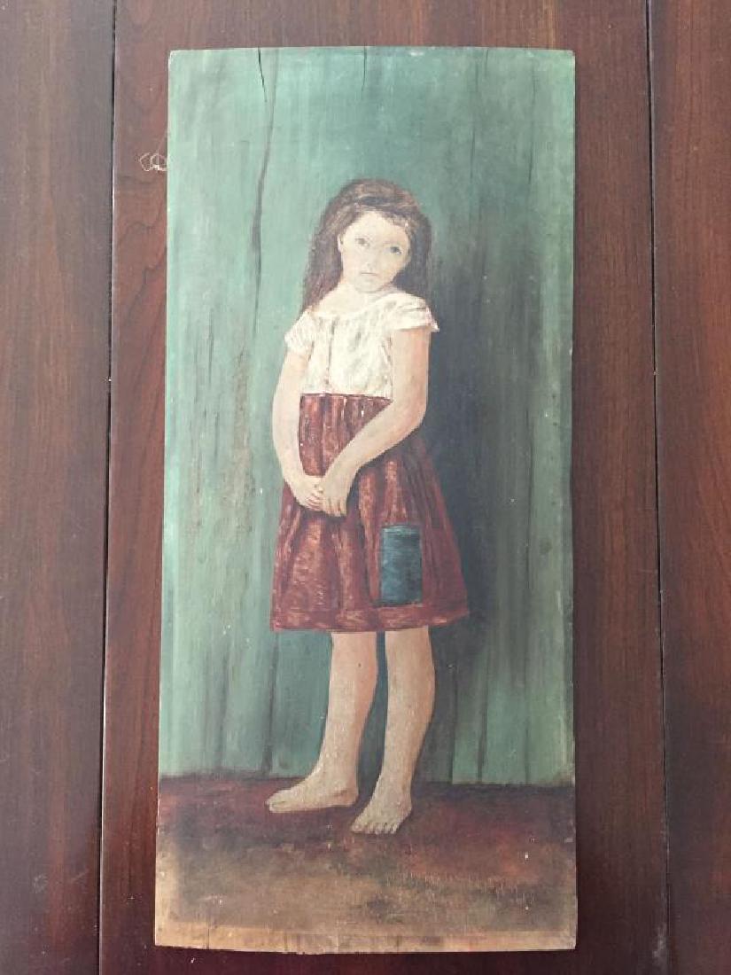 NIAVE PORTRAIT OF A YOUNG GIRL OIL ON BOARD: Unsigned, measures 16 1/4 by 7 1/2 inches