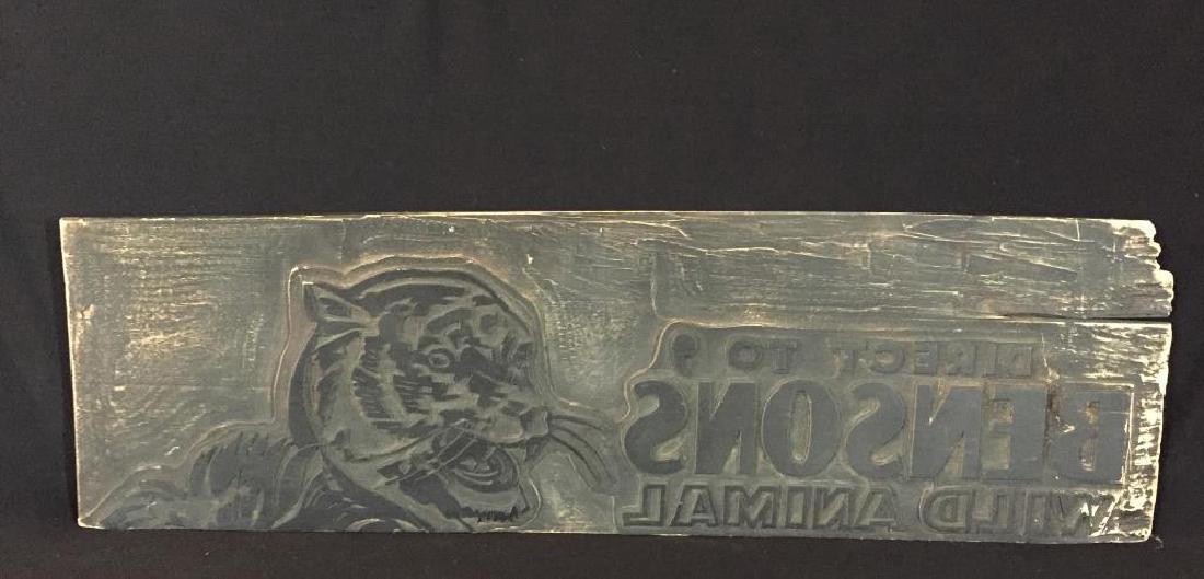 WOOD PRINTING BLOCK BENSON`S WILD ANIMAL FARM: Hand carved, 11 1/2 by 40 inches