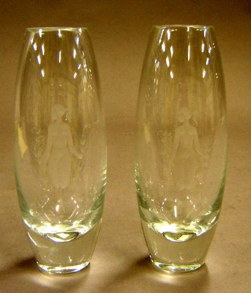 Pair of glass vases with etched figure of a woman,: Pair of glass vases with etched figure of a woman, marked Holmegaard, 1960, height: 8 3/4 inches