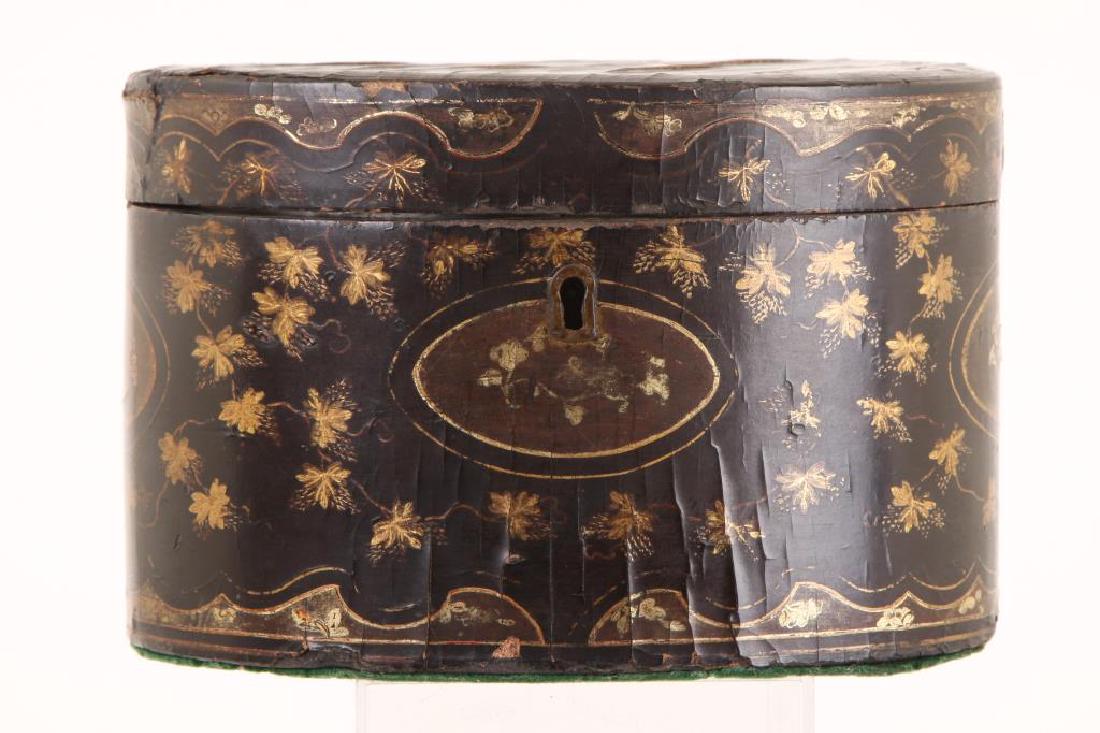 (19th c) BLACK LACQUER OVAL TEA CADDIE (1 of 8)