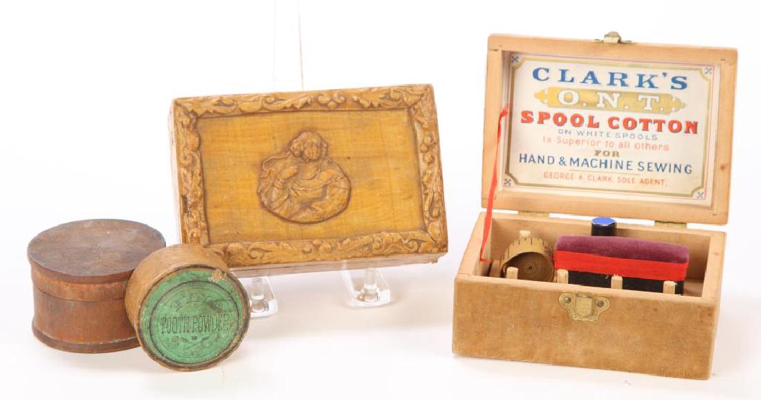 PAPER MACHE, CLARKS SPOOLS BOX & (2) CANNISTERS: Paper mache covered box with woman in low relief containing an 1834 tape loom belt and other beaded jewelry (fair condition), Clark's ONT Spool Cotton box with pin cushion and tape. Together with (2)