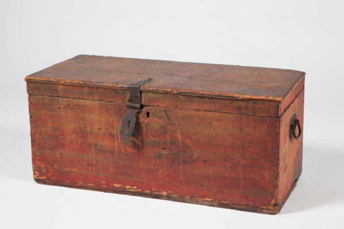 (19th c) WOODEN CHEST in RED PAINT: Pine with iron bales and latch. 13 x 30 x 14 inches. Condition: Good evenly worn surface, surface grime