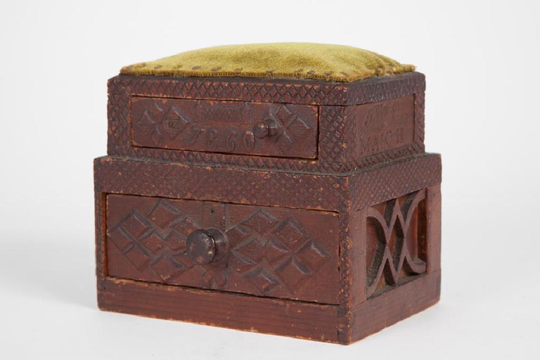 (2) TIERED CHIP CARVED FOLK ART SEWING BOX (1 of 10)