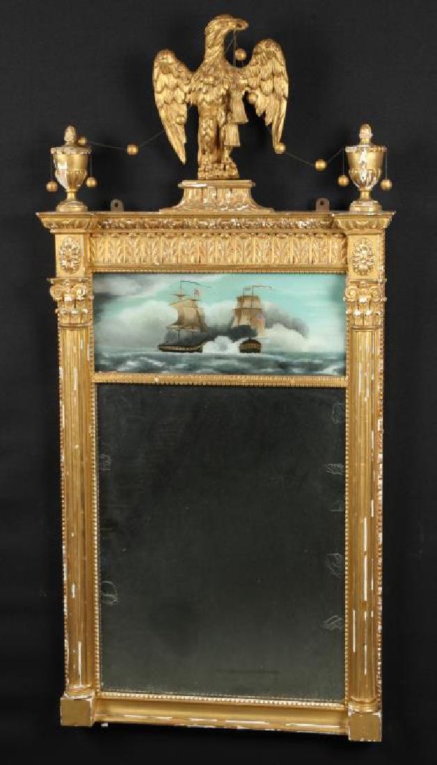 (19th c) SHERATON LOOKING GLASS with CARVED EAGLE (1 of 10)