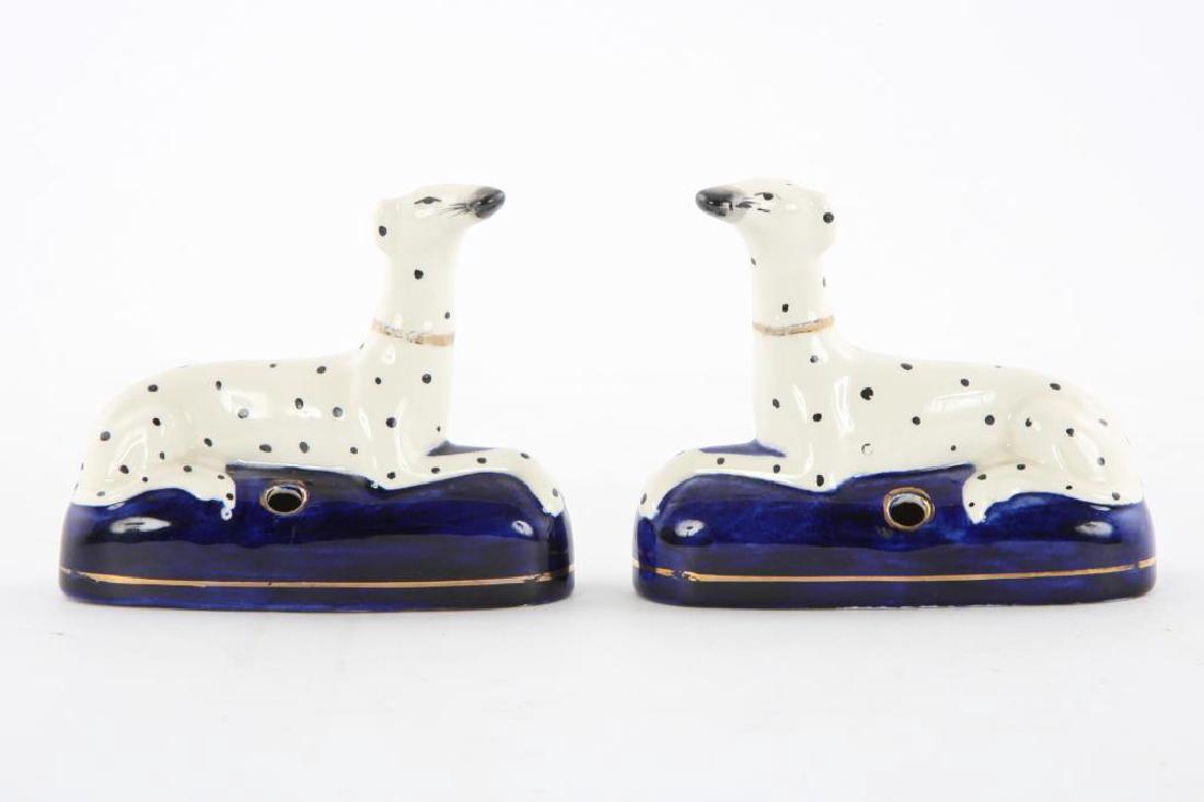 PAIR OF STAFFORDSHIRE DALMATION INKWELLS: 4 x 5 inches. (each)
