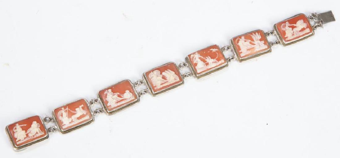SHELL CAMEO and SILVER BRACELET: with (7) different chariot motifs. 7 inches. stamped ?00.