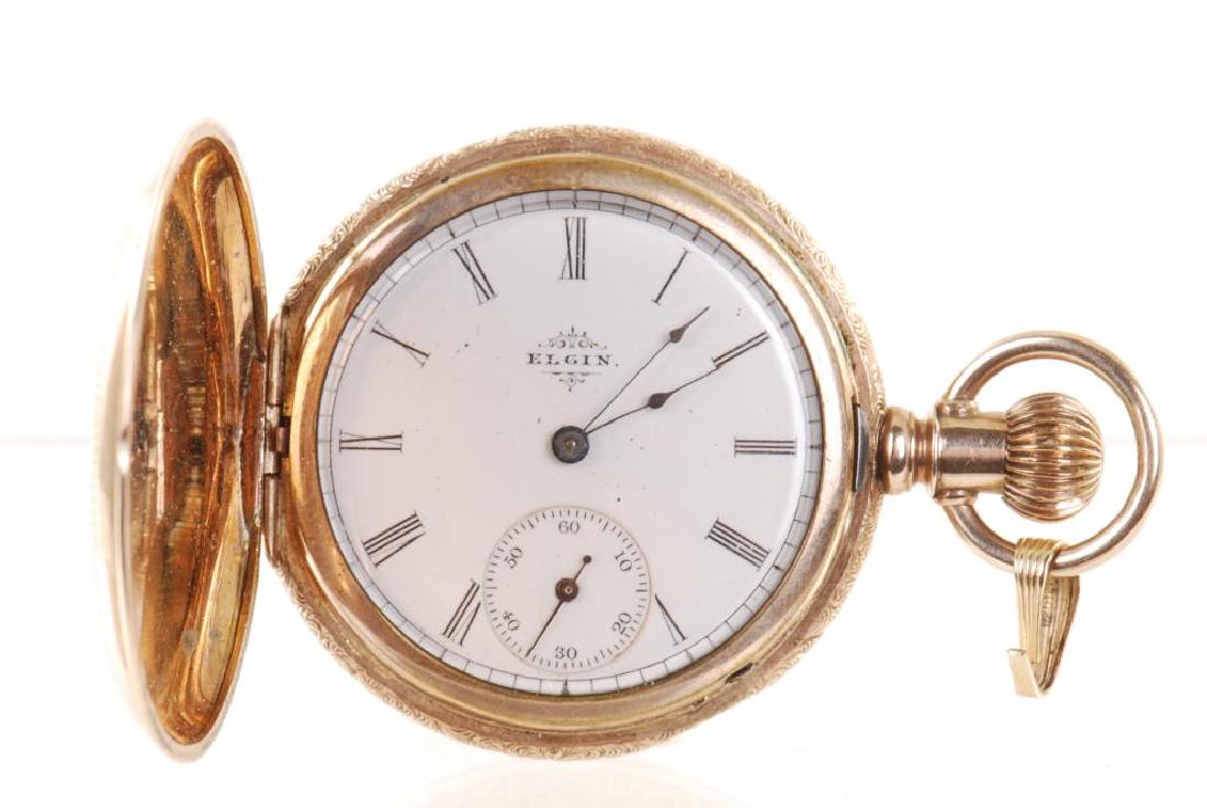 ELGIN NAT. WATCH CO. DOUBLE HUNTER POCKET WATCH: Case purportedly engraved with Masonic imagery. Movement includes second hand. 1 1/4 inch dial. #58889
