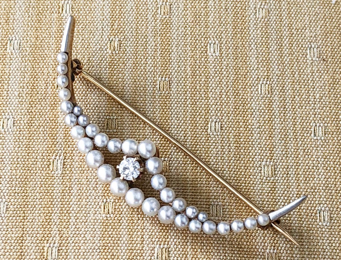 14k GOLD CRESCENT BROOCH SET with DIAMOND & PEARLS (1 of 3)