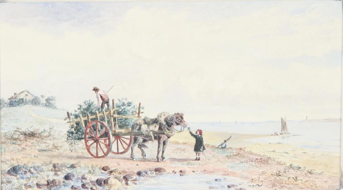 GEORGE C. BELL (19th c): "Gathering Brush by the Shore" watercolor 7 1/2 x 13 1/2 inches. signed and dated 1887. framed 17 1/2 x 23 inches.