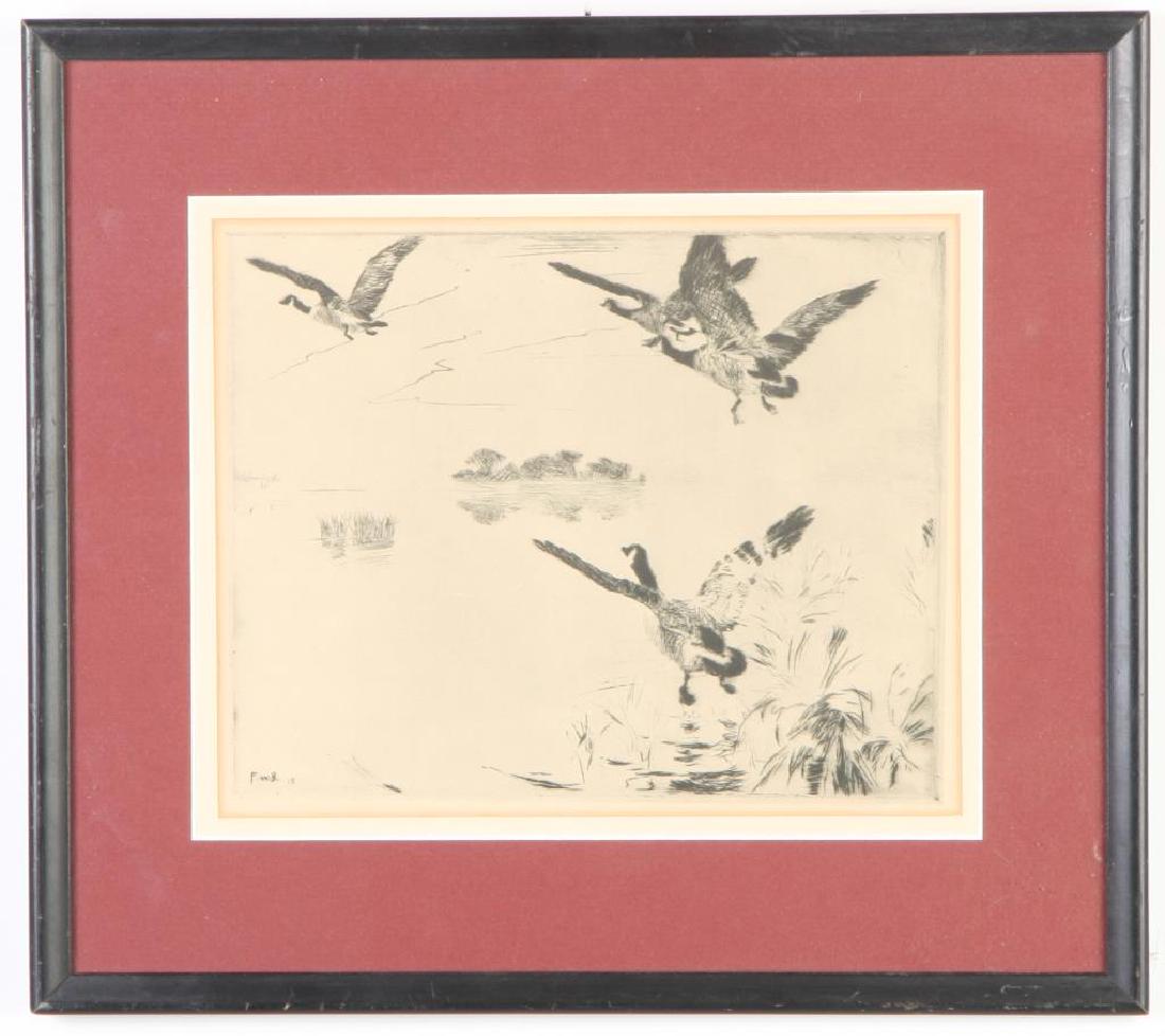 FRANK BENSON (1862-1951): "Canada Geese Taking Flight" etching 7 1/2 x 9 inches. signed inprint. framed 12 x 14 inches (overall)