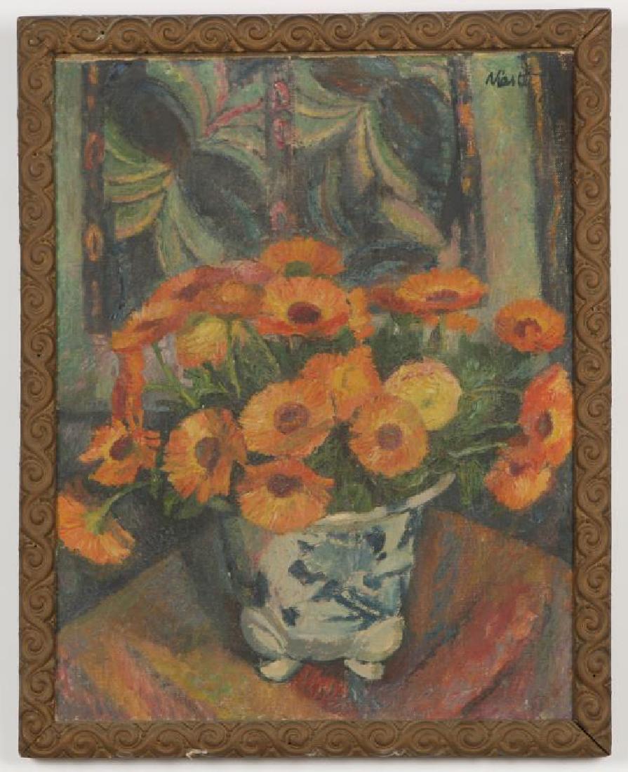 HENRY NIESTLE (1876-1966): "Still life with Flowers on a Table" oil on canvas. 21 1/2 x 17 inches. signed. framed. 24 x 19 inches.