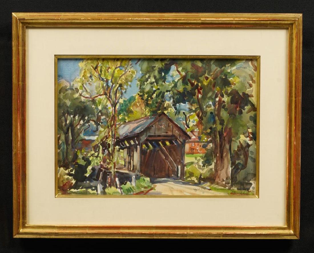 WILLIAM LESTER STEVENS (1888-1969) "Covered Bridge": "Covered Bridge" watercolor 12 x 18 inches. signed. Custom Guido frame 20 1/2 x 26 1/2 inches (overall)