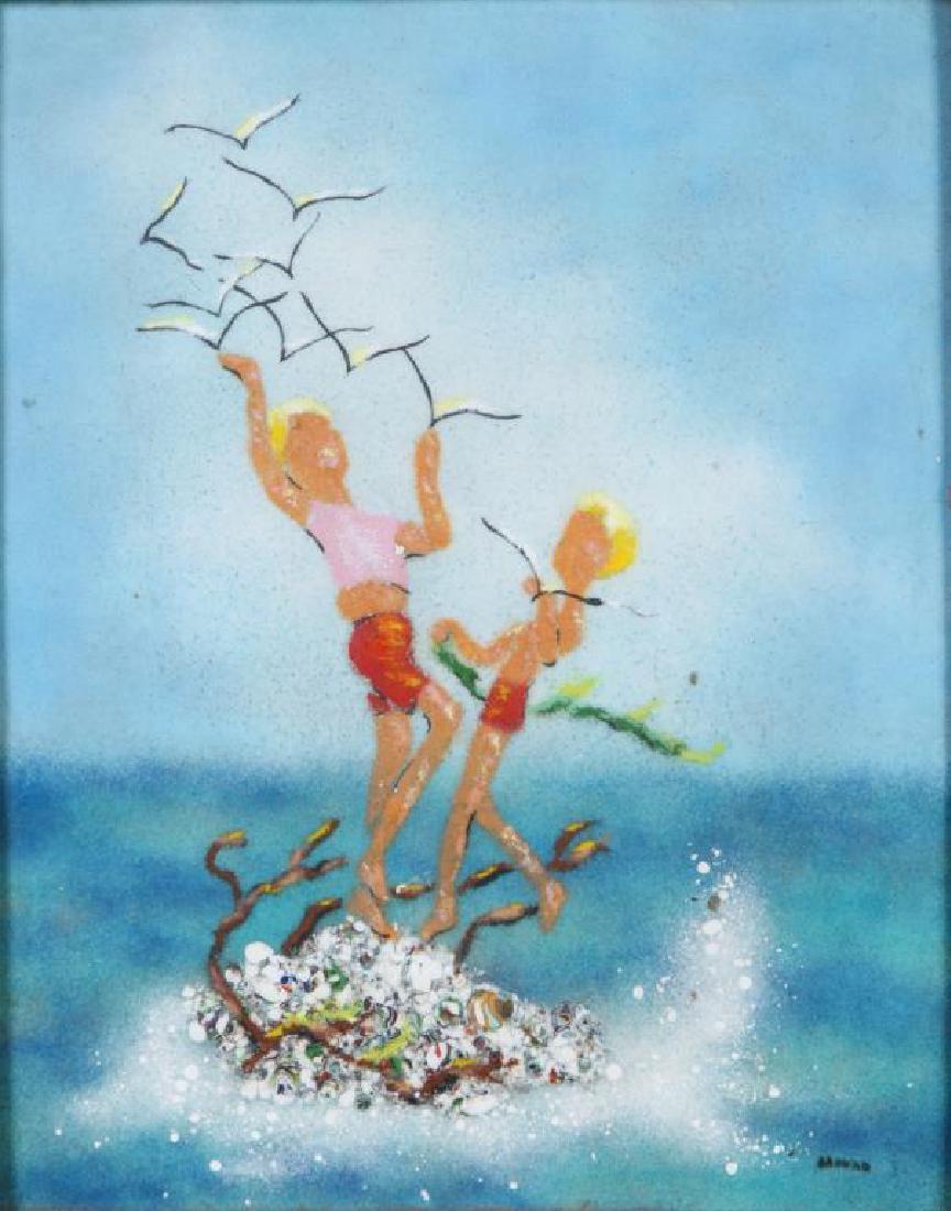 MALCOLM MORAN (20th c) Vintage "Children at the Shore": "Children at the Shore" enameled copper 9 1/2 x 7 1/2 inches. signed. framed 17 x 15 inches.