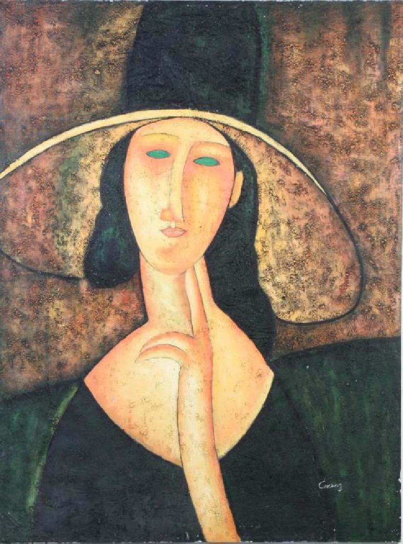 AFTER AMEDEO MODIGLIANI (20th c) "Woman in Hat" oil on: "Woman in Hat" oil on canvas 48 x 36 inches. signed Carsberg. unframed.