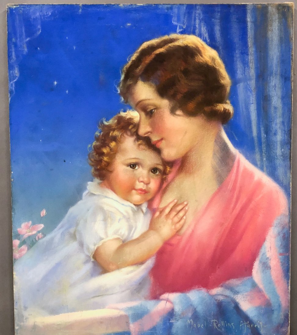 MABEL ROLLINS HARRIS (b. 1896): Unframed pastel of a mother and child. Signed bottom right. Also signed in verso "Painted by M R Harris in U.S.A". 28 1/4" x 22"