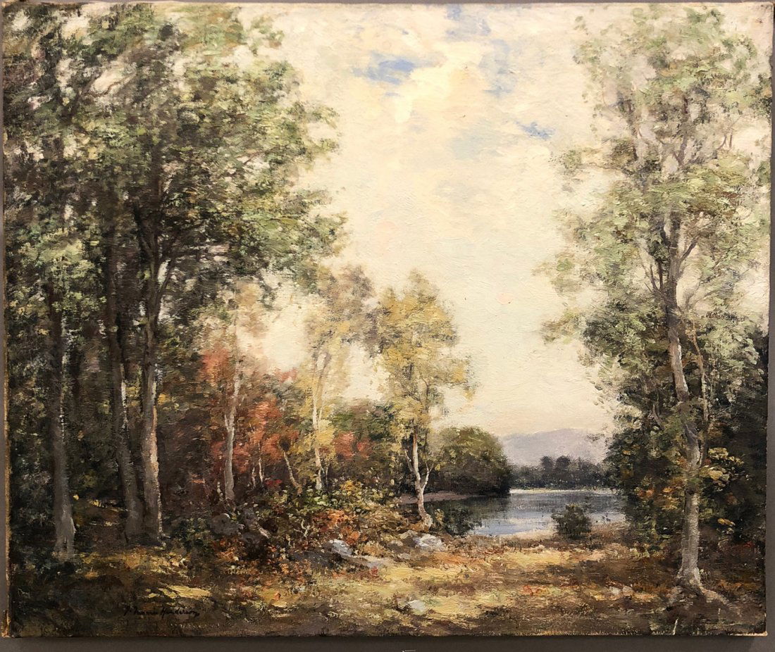 JOSEPH MORRIS HENDERSON (1863 - 1936): "Serene Lake with Mountain Vista" . Wonderfully done oil on canvas. Unframed. Signed. 20" X 24"